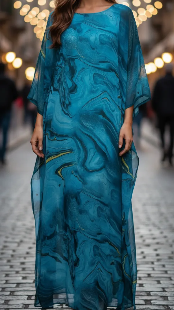 Yellow marble print kaftan on model, relaxed full-length standing pose