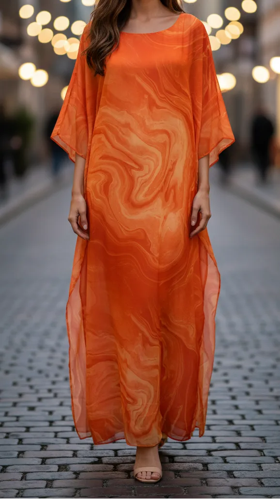 Yellow marble print kaftan on model, alternate full-length standing view