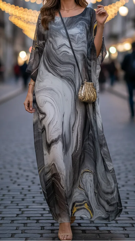 Yellow marble print kaftan on model, final full-length standing view