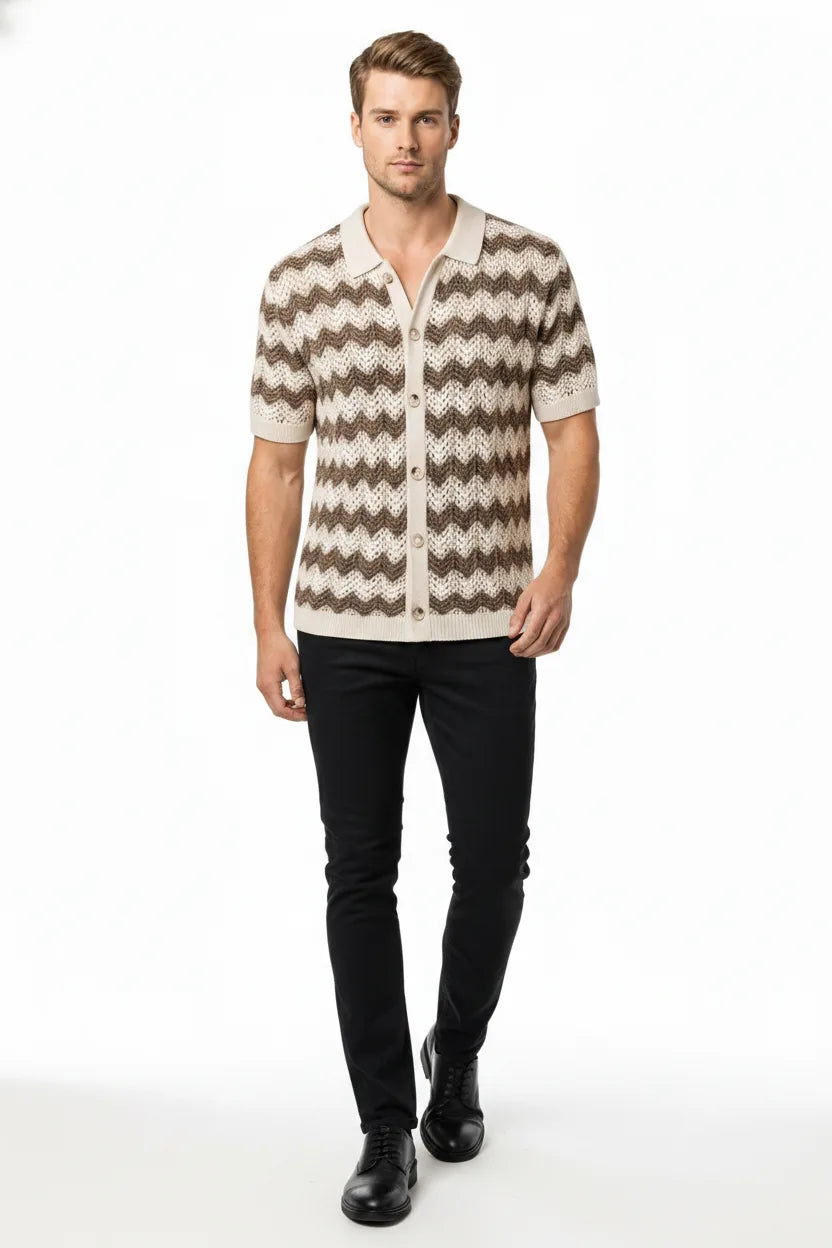 Brown chevron crochet polo shirt on male model in natural relaxed movement
