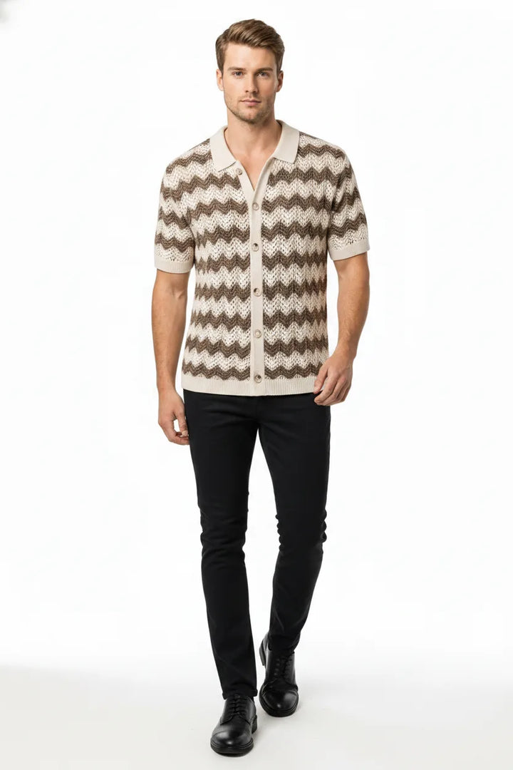 Brown chevron crochet polo shirt on male model in natural relaxed movement