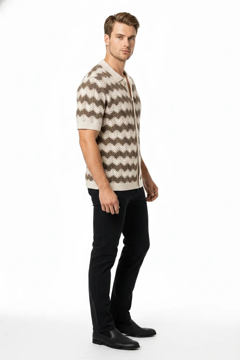 Brown chevron crochet polo shirt on male model in three-quarter turn