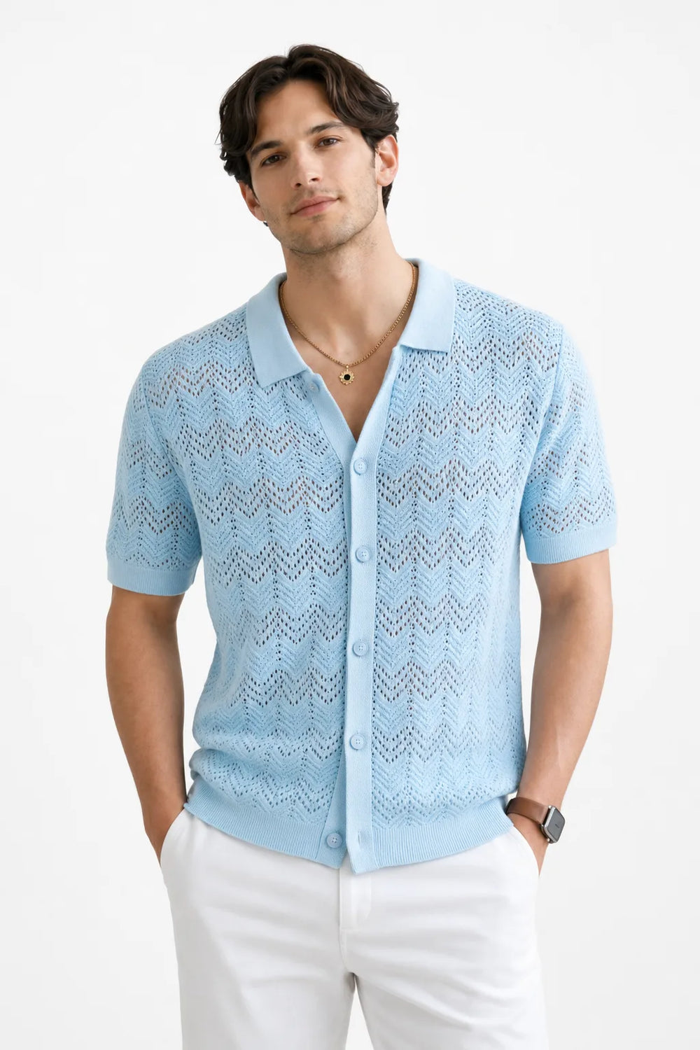 Light blue chevron crochet polo shirt on male model in contrapposto stance