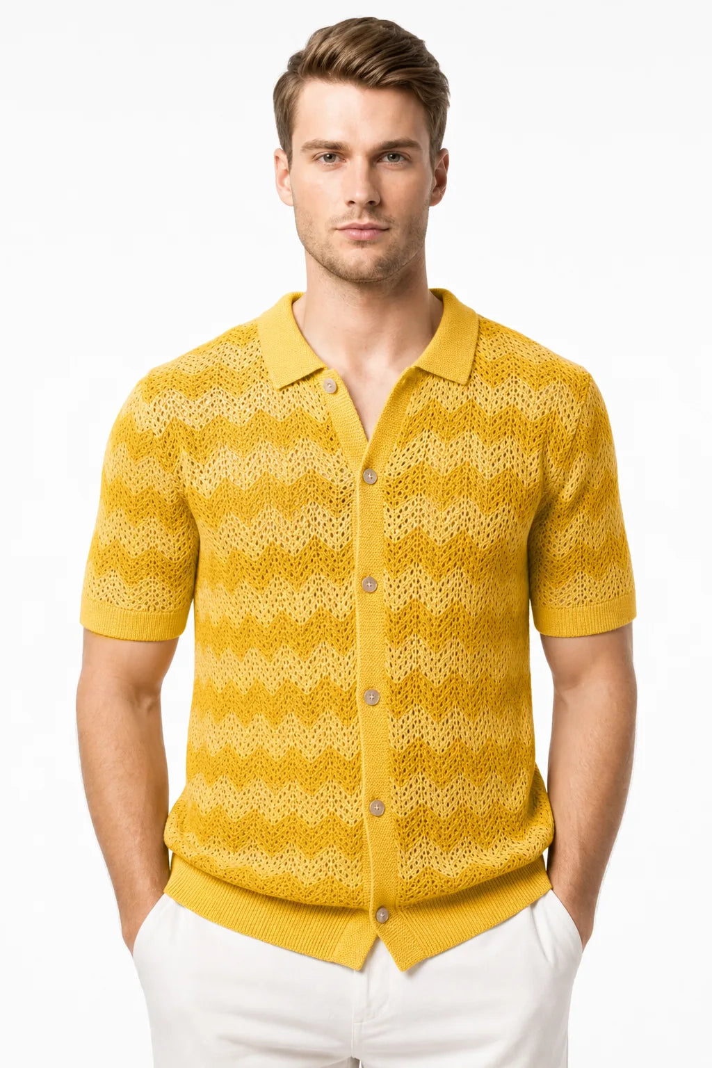 Yellow chevron crochet polo shirt on male model in contrapposto stance
