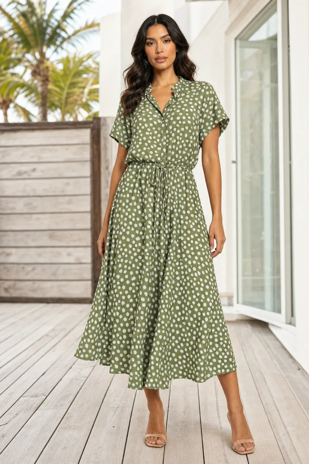 Green spotted print midi dress on model in contrapposto stance