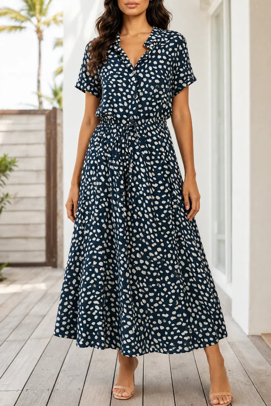 Navy blue spotted print midi dress on model in contrapposto stance