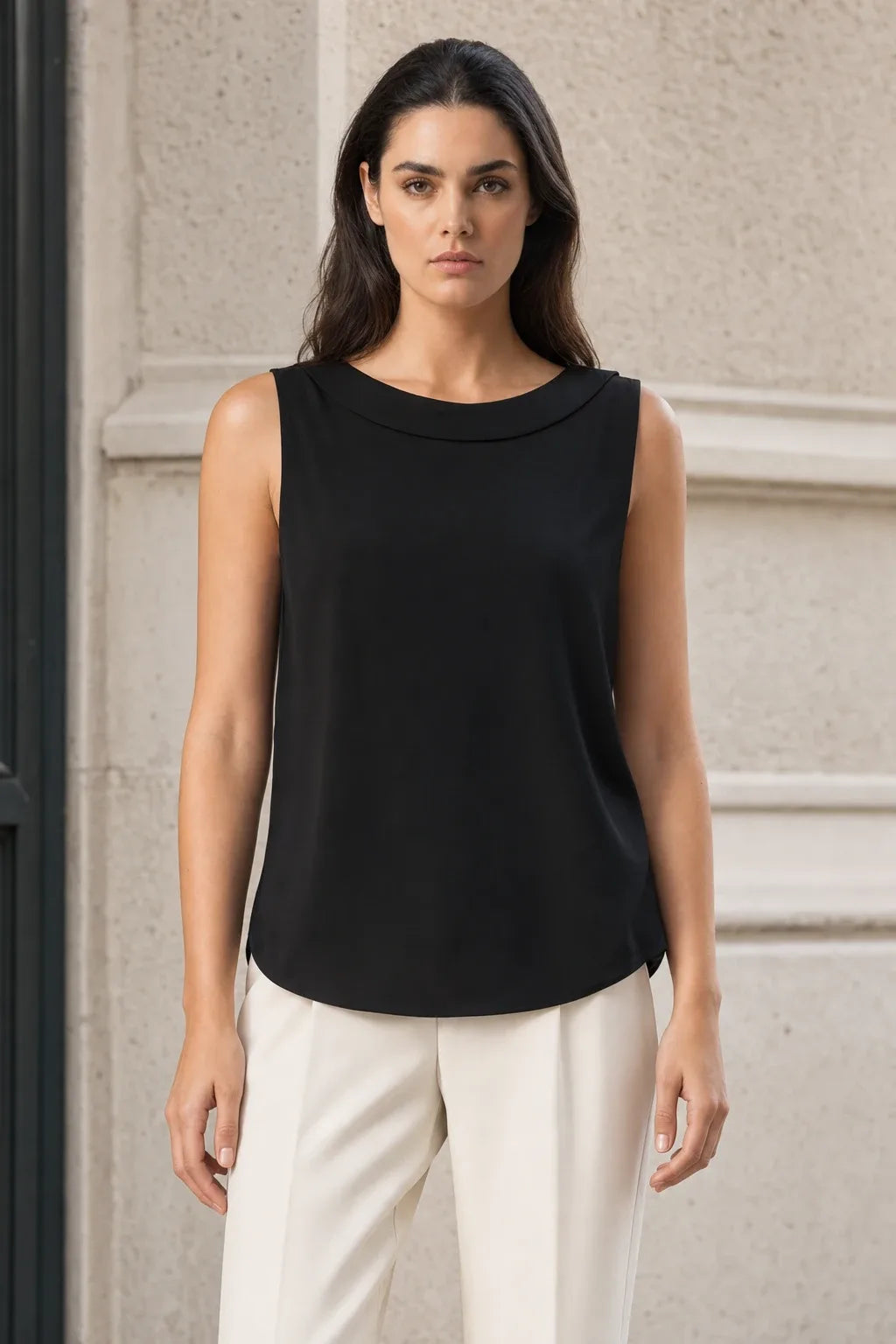 Black sleeveless blouse with roll collar on model in contrapposto stance