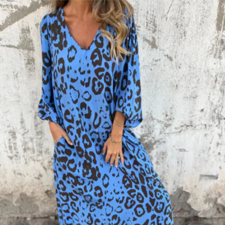 Dark green leopard print maxi dress on a model, full-length alternate view