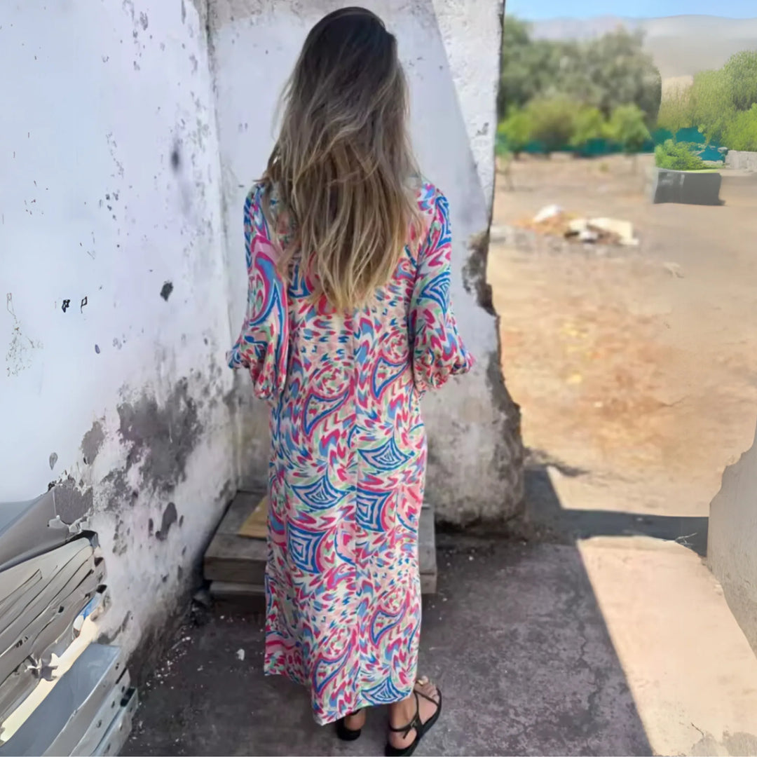Dark green leopard print maxi dress on a model, additional styling view