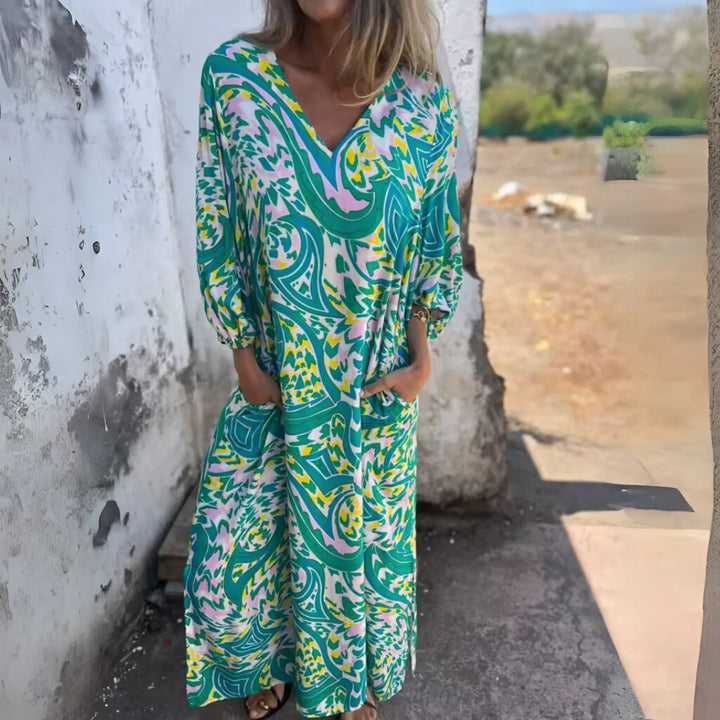 Multicolor blue leopard print maxi dress on a model, full-length view