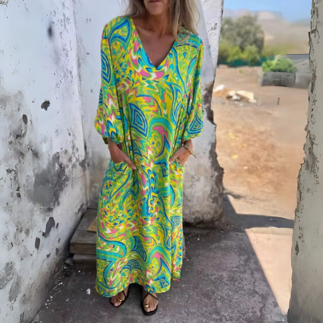 Multicolor green leopard print maxi dress on a model, full-length view