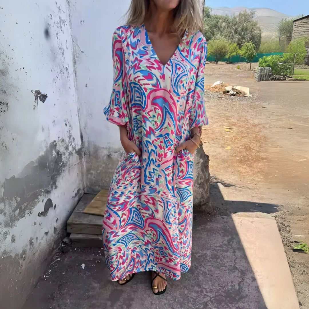 Multicolor purple leopard print maxi dress on a model, full-length view