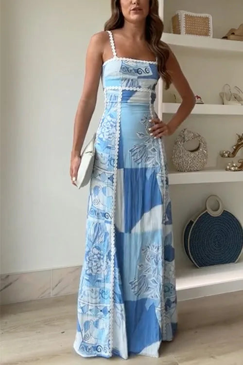 Light blue maxi dress with lace trim, model facing forward